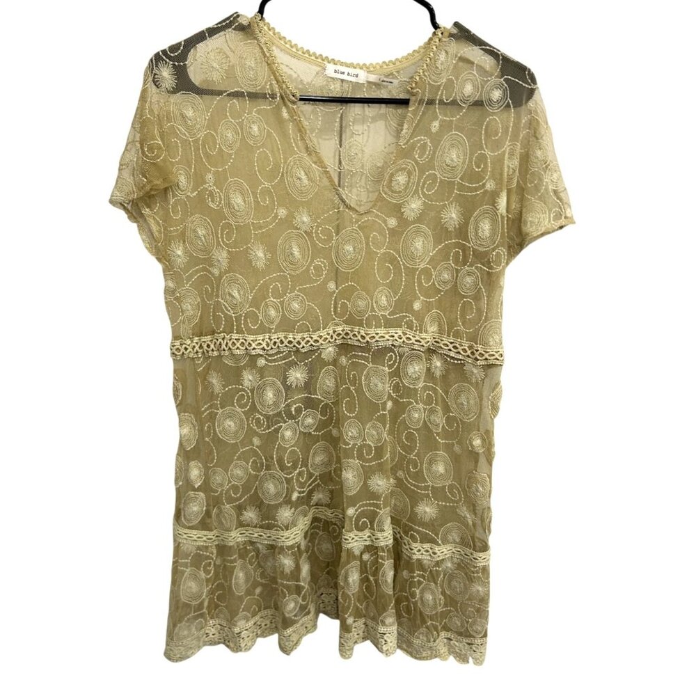 Blue Bird Sheer Beige Embroidered Lace Tunic Top V Neck Short Sleeves Size L
